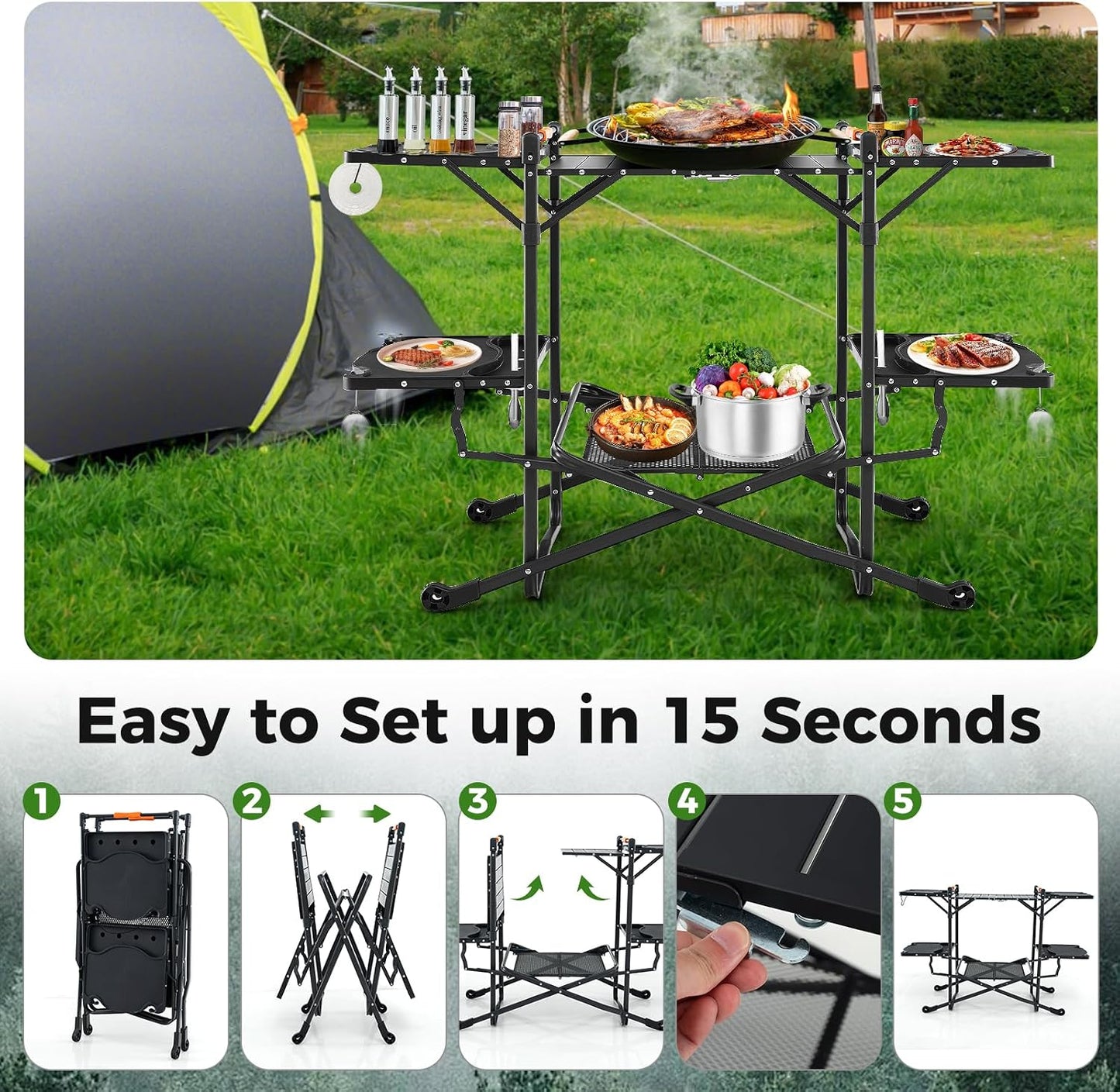 Camping Cooking Table, Folding Grill Table with Aluminum Tabletop, 4 Side Tables, Storage Rack, Quick Set-Up, Portable Camp Kitchen Food Prep Station for Picnic Tailgating Campsite Outdoor