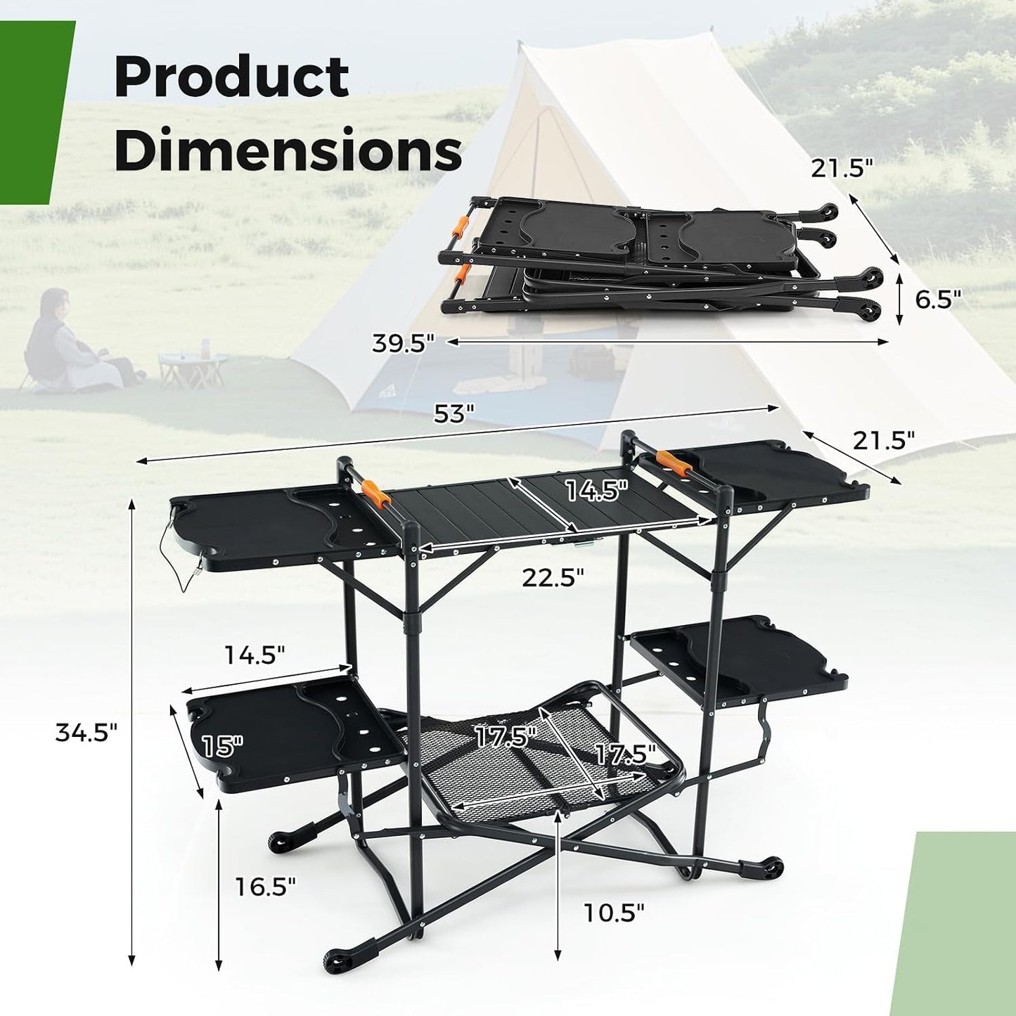 Camping Cooking Table, Folding Grill Table with Aluminum Tabletop, 4 Side Tables, Storage Rack, Quick Set-Up, Portable Camp Kitchen Food Prep Station for Picnic Tailgating Campsite Outdoor