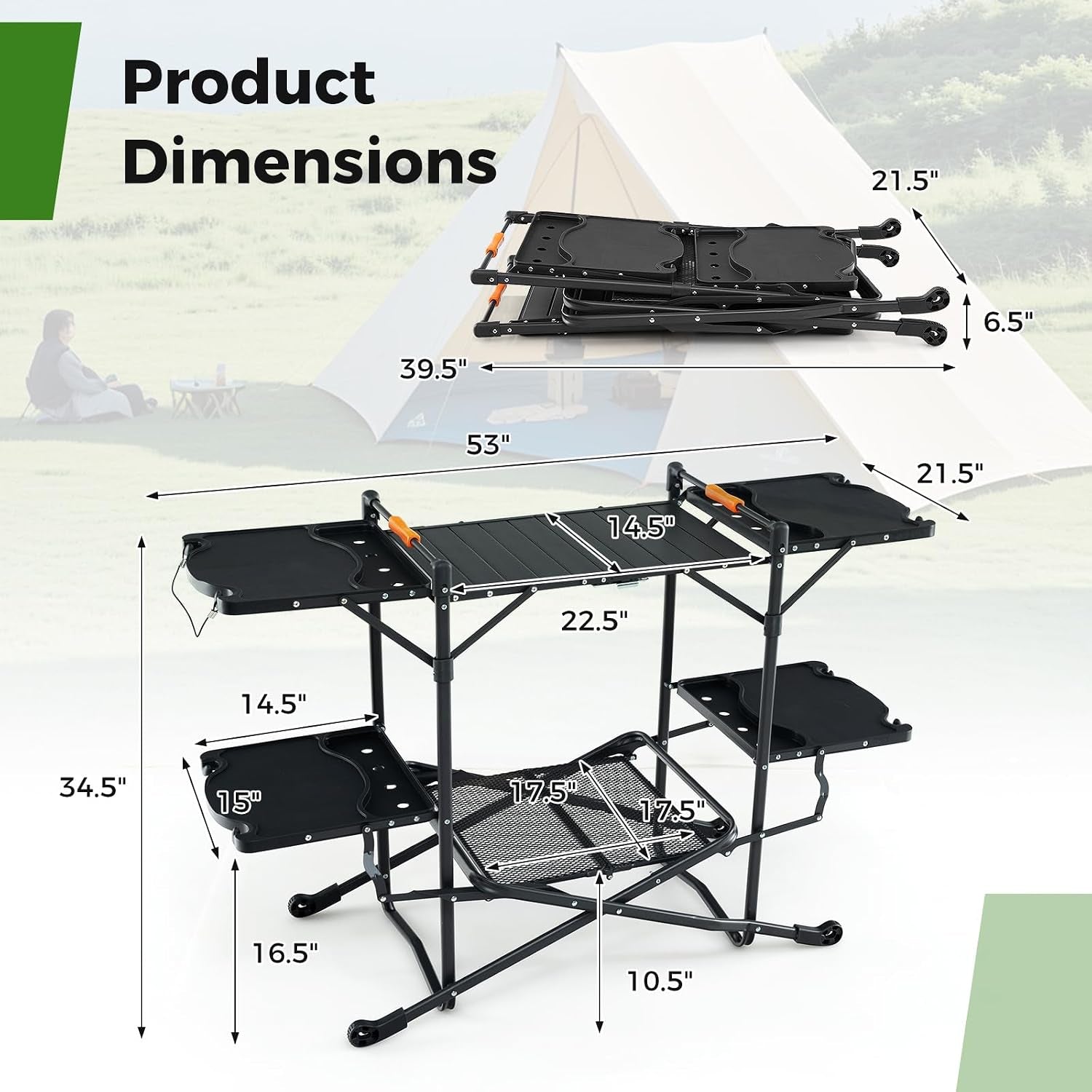 Camping Cooking Table, Folding Grill Table with Aluminum Tabletop, 4 Side Tables, Storage Rack, Quick Set-Up, Portable Camp Kitchen Food Prep Station for Picnic Tailgating Campsite Outdoor