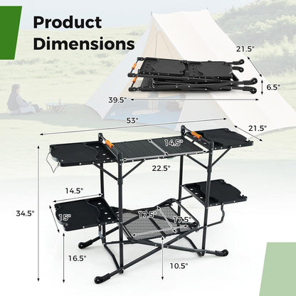 Camping Cooking Table, Folding Grill Table with Aluminum Tabletop, 4 Side Tables, Storage Rack, Quick Set-Up, Portable Camp Kitchen Food Prep Station for Picnic Tailgating Campsite Outdoor