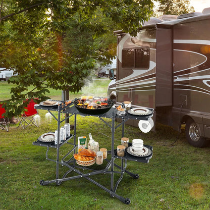 Camping Cooking Table, Folding Grill Table with Aluminum Tabletop, 4 Side Tables, Storage Rack, Quick Set-Up, Portable Camp Kitchen Food Prep Station for Picnic Tailgating Campsite Outdoor