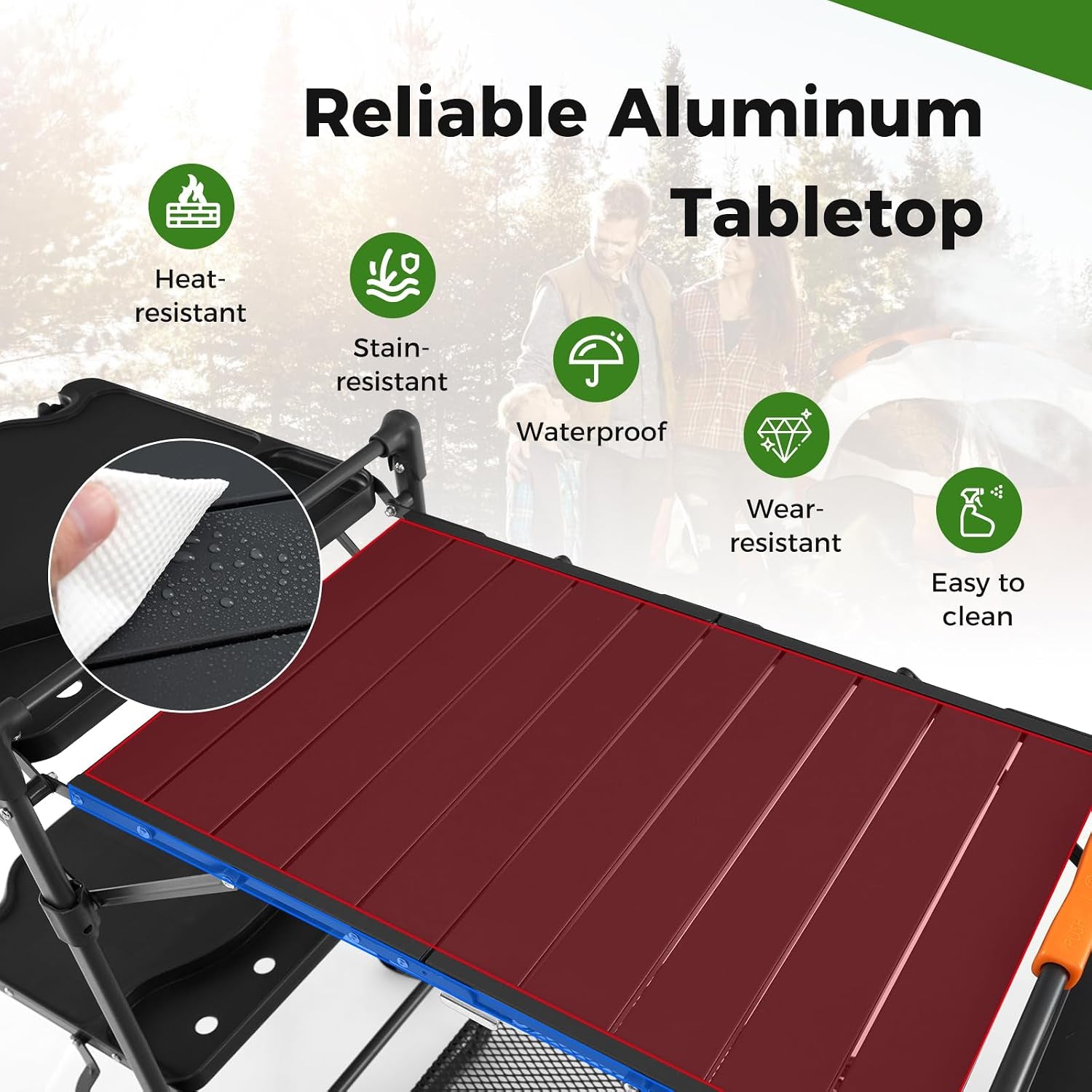 Camping Cooking Table, Folding Grill Table with Aluminum Tabletop, 4 Side Tables, Storage Rack, Quick Set-Up, Portable Camp Kitchen Food Prep Station for Picnic Tailgating Campsite Outdoor
