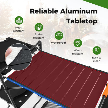 Camping Cooking Table, Folding Grill Table with Aluminum Tabletop, 4 Side Tables, Storage Rack, Quick Set-Up, Portable Camp Kitchen Food Prep Station for Picnic Tailgating Campsite Outdoor