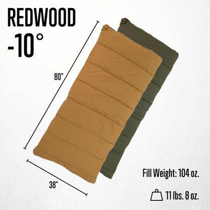 Redwood -10°F Flannel-Lined Sleeping Bag with Cotton Canvas Shell, Heavy-Duty Zippers, Oversized Rectangle Design, Cold Weather Camping & Hunting Gear