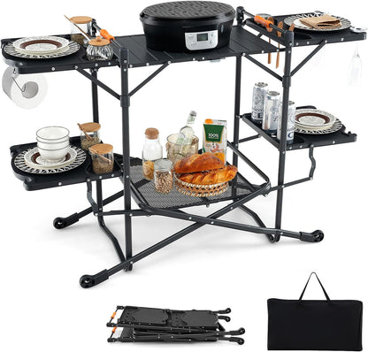 Camping Cooking Table, Folding Grill Table with Aluminum Tabletop, 4 Side Tables, Storage Rack, Quick Set-Up, Portable Camp Kitchen Food Prep Station for Picnic Tailgating Campsite Outdoor
