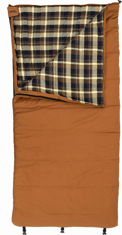 Redwood -10°F Flannel-Lined Sleeping Bag with Cotton Canvas Shell, Heavy-Duty Zippers, Oversized Rectangle Design, Cold Weather Camping & Hunting Gear