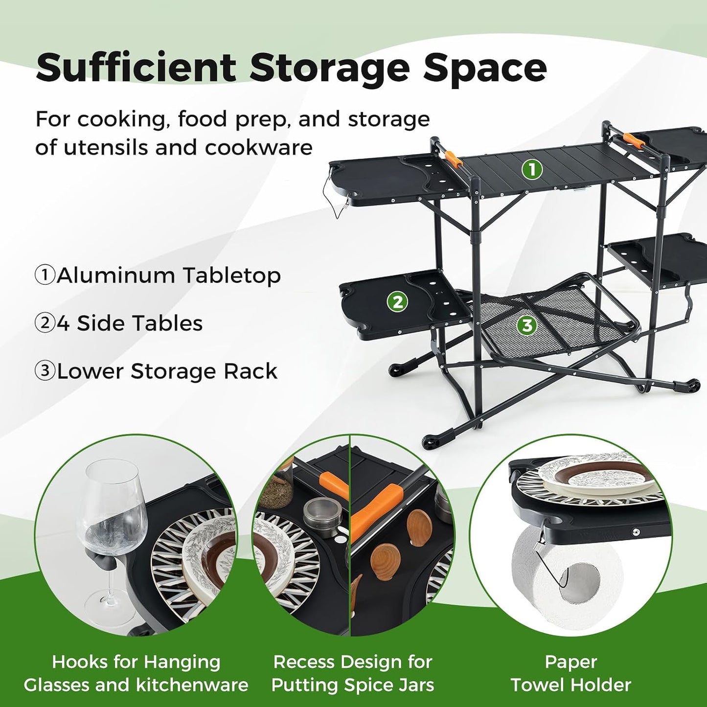 Camping Cooking Table, Folding Grill Table with Aluminum Tabletop, 4 Side Tables, Storage Rack, Quick Set-Up, Portable Camp Kitchen Food Prep Station for Picnic Tailgating Campsite Outdoor