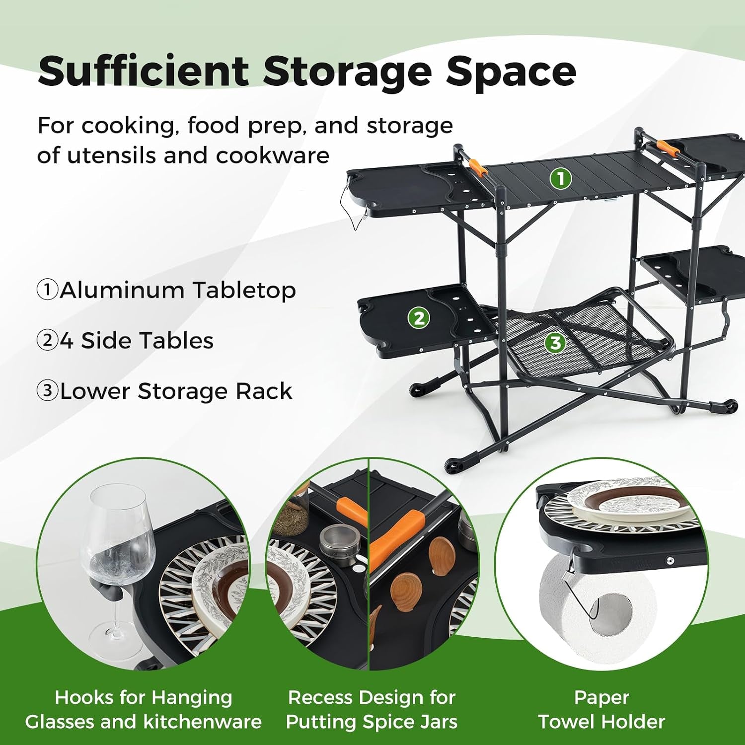 Camping Cooking Table, Folding Grill Table with Aluminum Tabletop, 4 Side Tables, Storage Rack, Quick Set-Up, Portable Camp Kitchen Food Prep Station for Picnic Tailgating Campsite Outdoor
