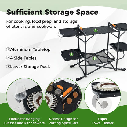 Camping Cooking Table, Folding Grill Table with Aluminum Tabletop, 4 Side Tables, Storage Rack, Quick Set-Up, Portable Camp Kitchen Food Prep Station for Picnic Tailgating Campsite Outdoor